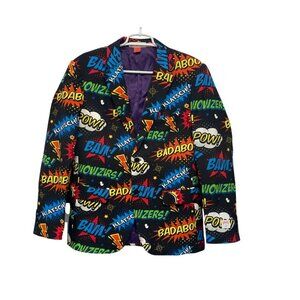 Opposuits Badaboom Comic Print Mens Blazer Black Colorful Graphic Design‎ Sz 38